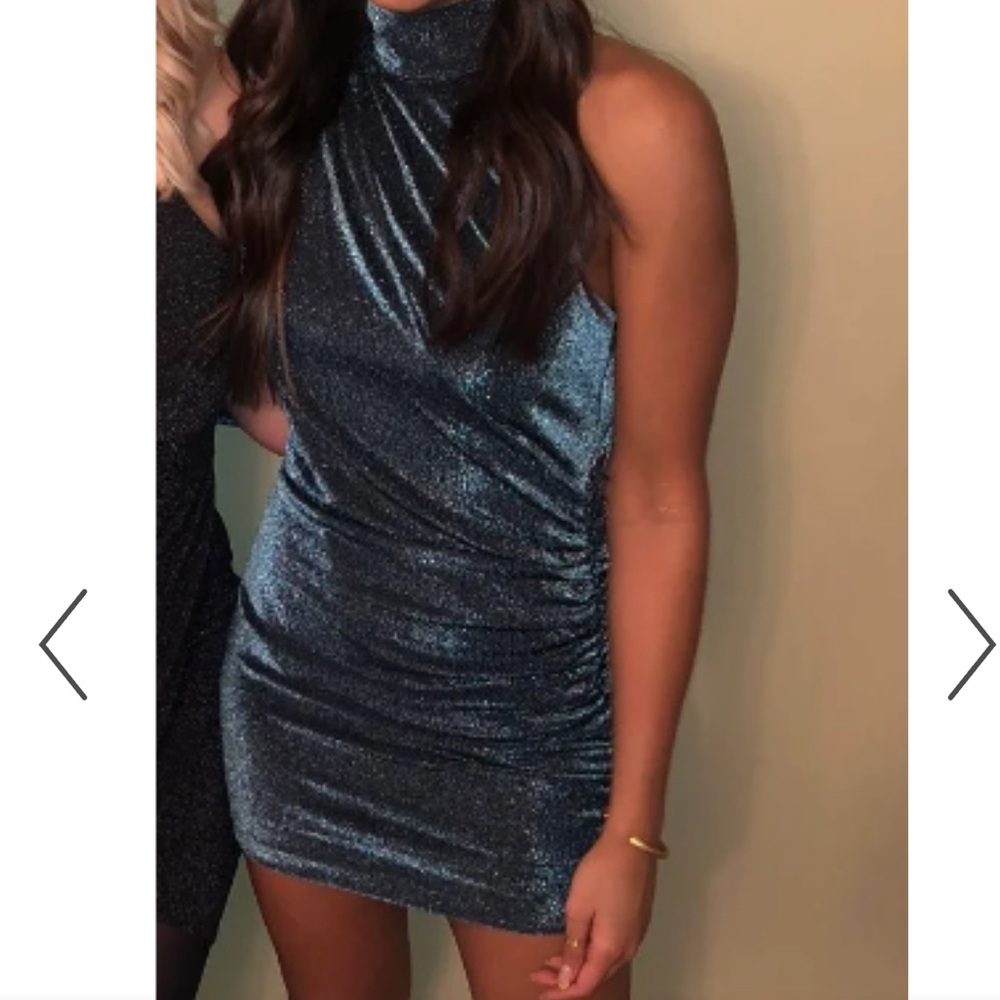 Get choosy teal glitter one shoulder mini dress mock neck XS